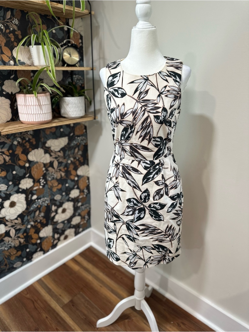 J. Crew Cream Mini Dress with Black Botanical Print